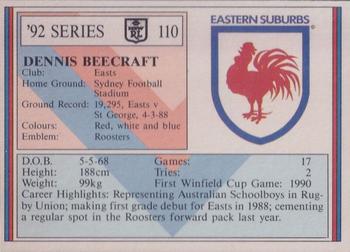 1992 Regina NSW Rugby League #110 Dennis Beacraft Back